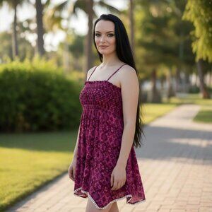 Bohemian ✦ Pink Sleeveless Sundress ✦ Smocked Bodice Crochet Hem XS